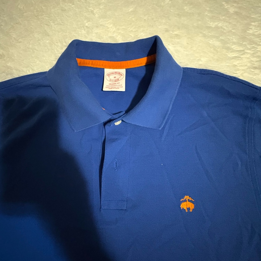 BROOKS BROTHERS Cobalt Blue Orange Logo Supima Cotton Short
Sleeve Polo Size M